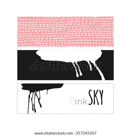 Night, sky, cloud, winter, stars, pink, snow, rain. Hand drawn vector illustration. Line art ink sketch. Watercolor abstract background. Mixed Media, paper cut. 