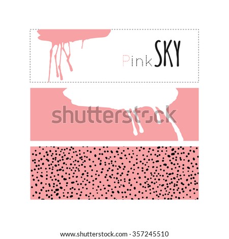 Night, sky, cloud, winter, stars, pink, snow, rain. Hand drawn vector illustration. Line art ink sketch. Watercolor abstract background. Mixed Media, paper cut. 