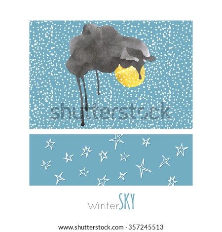 Night, sky, cloud, winter, stars, moon, sun, snow, rain. Hand drawn vector illustration. Line art ink sketch. Watercolor abstract background. Mixed Media, paper cut. 