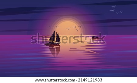 Two sailing boats float on the river during the colorful and beautiful sunset of a beautiful summer evening.Vector design illustration landscape,natural landscape graphics or flat design.