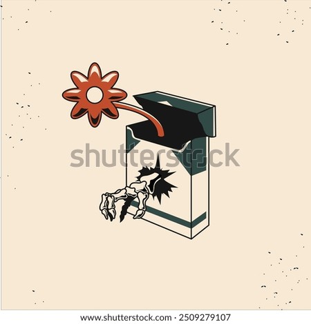 hand skeleton cigarette. Illustration Cigarette bones. flower inside cigarette packs. retro design