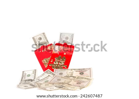 US Dollar bank note in red develop, The Chinese word mean double happiness. It is the gift in Chinese new year or Chinese Wedding day on White Isolate Background.