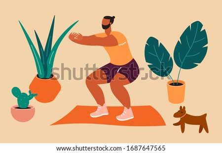 Home exercise. Young man doing squats at home. How to keep fit indoors. Fitness and morning workout in cozy interior. Healthy lifestyle and wellness concept. Flat vector illustration