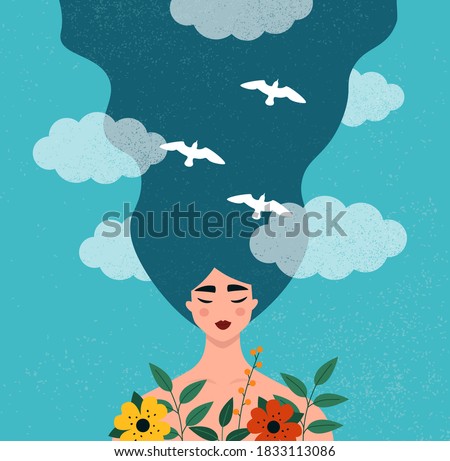 Mental health concept. Portrait of a happy young beautiful woman. Idea of creative thinking, positive mindset. Flat vector illustration with a pretty and peaceful female character
