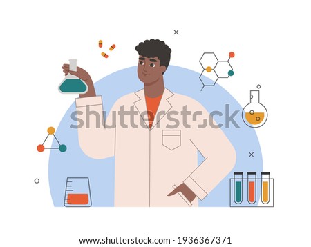 Chemistry science, pharmacy concept. African american male scientist in uniform working in a chemical lab. Scientific research and innovation. Isolated flat vector illustration
