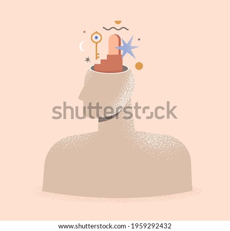 Mental health, psychology, philosophy concept. Abstract illustration of a human head with door and key. Therapy, psychotherapy. Idea of thinking, mind, mental wellness. Isolated vector illustration