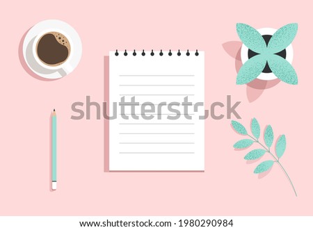 Top view of an open paper notepad with a coffee mug, flower pot and pencil. Blank clean notebook. Taking notes, writing, planning, studying concept. Modern minimalist isolated flat vector illustration