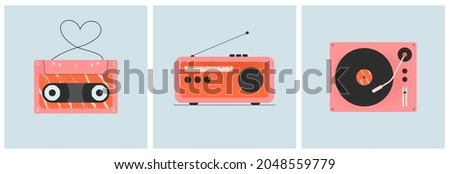 Vintage audio equipment set. Tape cassette, radio receiver, vinyl turntable in trendy 80s, 90s style. Listening to music, songs, melody concept. Isolated vector illustration collection