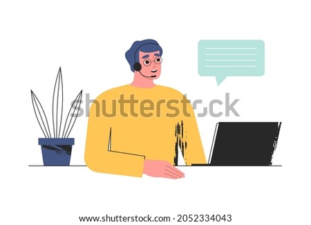 Customer service, call center, telemarketing. Happy smiling helpdesk operator, technical support agent in headset with microphone and laptop. Contact us concept. Isolated flat vector illustration