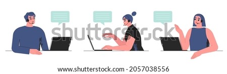 Customer service, call center collection. Set of helpdesk operators, technical support agents, consultants in headset with microphone and laptop. Contact us concept. Isolated flat vector illustration