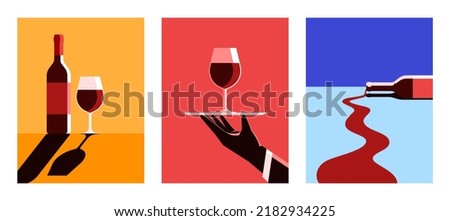 Collection of minimal vintage posters with bottle, glass of red wine. Restaurant menu, invitation for an event, festival, party. Wine tasting concept. Retro vector illustration set