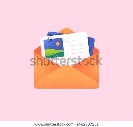 Open paper envelope with document and attachment. Mail, letter, postal service. Sending or receiving email. Correspondence, communication concept. Inbox mail. Isolated flat vector illustration