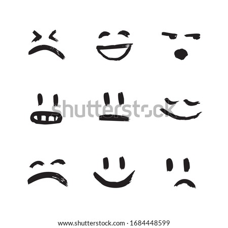 Set of vector emoticons, smiley, kaomoji, and mood expressions. Modern grunge, textured emoji looks like graffiti for any projects, prints, and web interfaces. Excellent templates for your design.