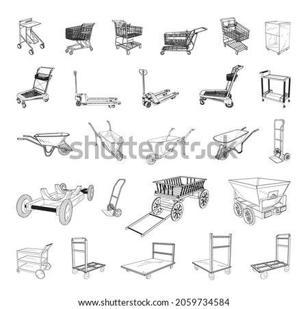 Collection of monochrome illustrations of carts in sketch style. Hand drawings in art ink style. Black and white graphics.