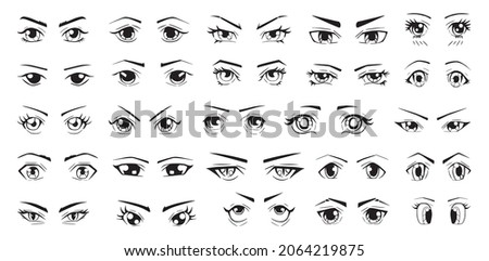 Collection of sketches of eyes with different emotions in the Japanese style.