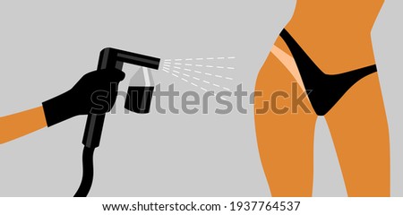 Hand in a black glove with a black spray tan machine sprays tan on a woman's body in black bikini. Vector illustration of auto tanning procedure Stok fotoğraf © 