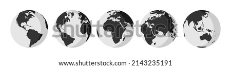 Earth icons set. Monochrome Earth globe from different sides. Flat vector illustration