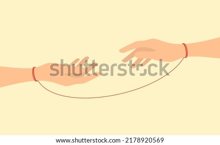 Two hands tied with the red thread of fate reach for each other. Vector illustration
