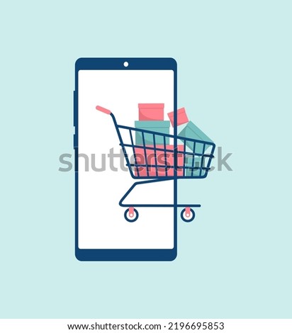 The shopping cart full of boxes leaving the smartphone screen. The concept of online shopping. Flat vector illustration