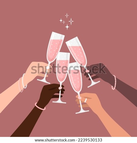 Female hands clinking glasses of rose champagne on a pale red background. Vector illustration in flat style