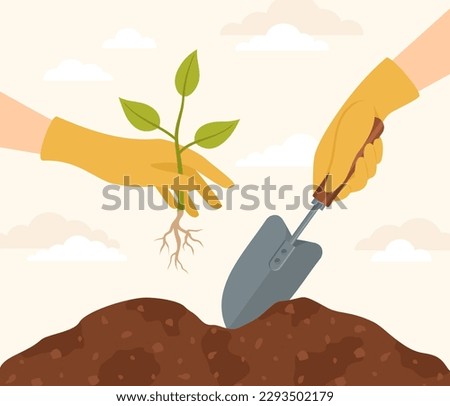 Two hands in yellow rubber gloves with a shovel and a seedling. Planting a sprout in the soil. Vector flat illustration