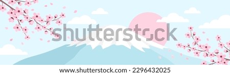 Landscape with pink cherry blossom, a mountain with a snowy peak and the sun. Banner with sakura branches and Mount Fuji. Vector illustration in flat style