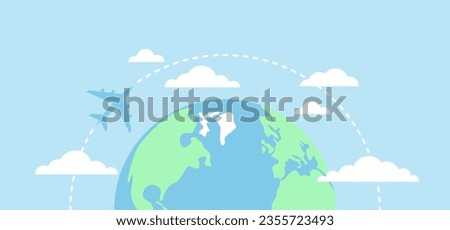 Earth globe with an airplane flying around it and clouds on a blue background. Flat vector illustration
