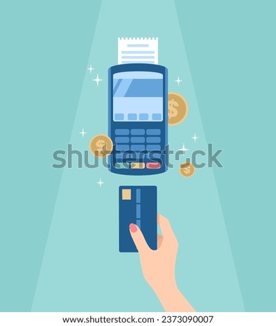 POS terminal and hand with credit card. Cashless contactless payment. Flat vector illustration