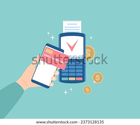 Hand holding smartphone near POS terminal and gold coins around. Contactless payment. Flat vector illustration