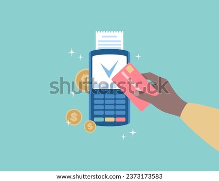 Hand holding credit card near POS terminal and gold coins around. Contactless payment. Flat vector illustration