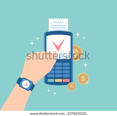 Contactless payment with smartwatch on POS terminal. Vector illustration in flat style 