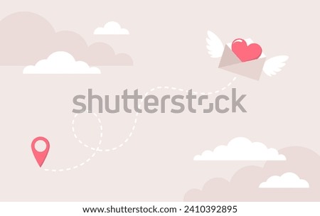 Winged envelope with heart inside, map pin and dashed route on cloud background. Sending a love letter. Flat vector illustration