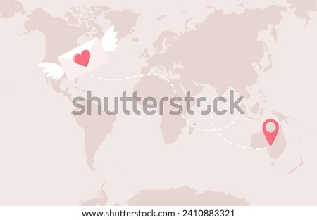 Winged envelope with heart, map pin icon and dashed route on world map background. Sending a love letter. Flat vector illustration