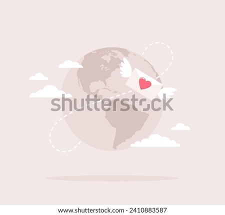 Earth globe and winged envelope with heart flying around. Sending a love letter. Flat vector illustration