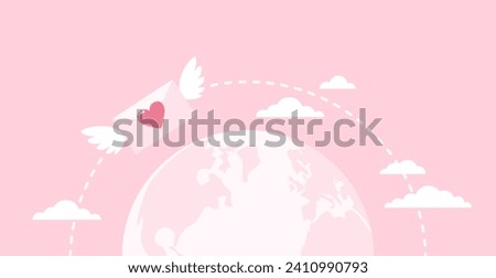 Earth globe and winged envelope with heart flying around. Sending a love letter. Flat vector illustration