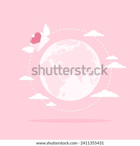 Earth globe and winged envelope with heart inside flying around. Sending a love letter. Flat vector illustration
