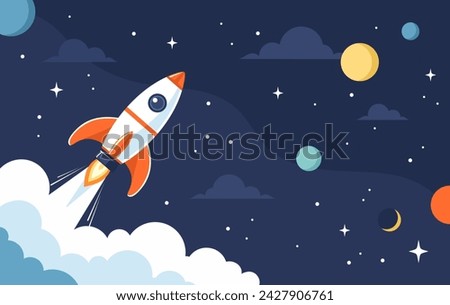 Rocket launch into space with planets and stars in the background. Vector illustration in flat style