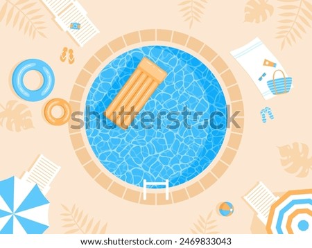 Round swimming pool with sunbeds, beach umbrellas and beach items around, top view. Flat vector illustration