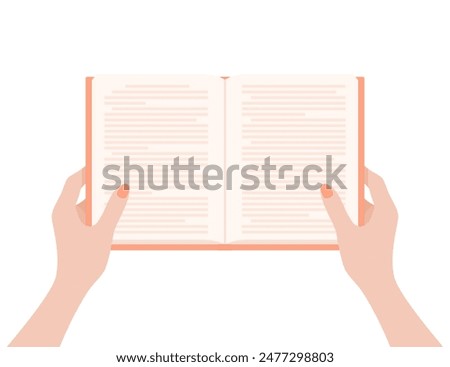 Woman reading a book. Female hands holding open book, isolated on a white background. Flat vector illustration