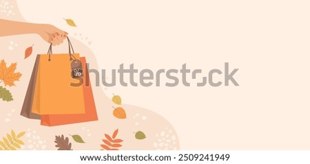 Female hand holding shopping bags and falling autumn leaves around on beige background, copy space. Autumn sale. Flat vector illustration