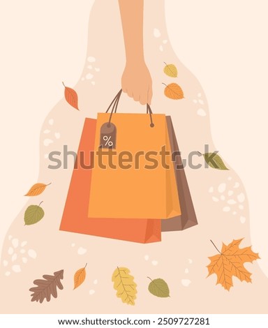 Hand holding shopping bags and falling autumn leaves around on beige background. Autumn sale banner. Flat vector illustration