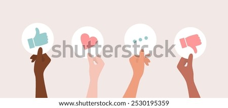 Hands of people of different nationalities and skin tones holding up like, dislike, heart and ellipsis signs, flat vector illustration