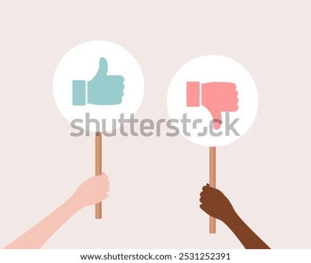 Two hands holding up white circle posters with like and dislike signs, flat vector illustration