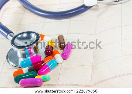 Medical concept  Doctors Stethoscope With  Colorful  Pills on blank notepad