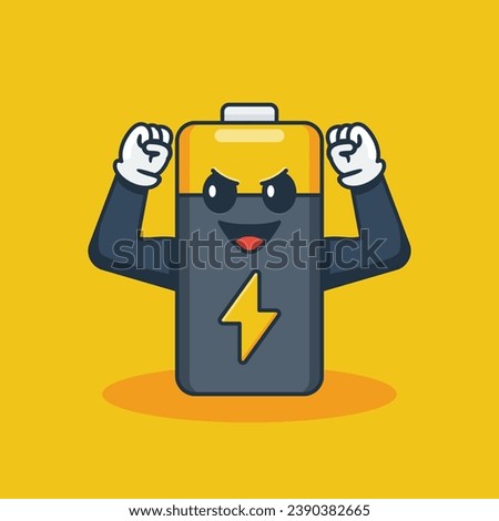 Unique cute super power battery ans symbol flat design icon ready for any needs and print to make a sticker with yellow, black, white colors