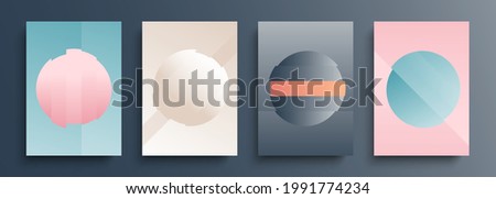 Set of graphic cover templates with round spheres. Futuristic abstract backgrounds with soft color gradient geometric split shapes. Vector illustration.