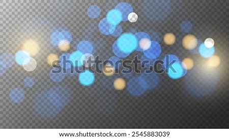 Bright bokeh lights. Abstract blur light effect. Blurred overlay template. Transparent background. Vector illustration.