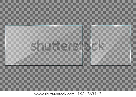 Glass frame on transparent background. Acrylic, Plexi glass. Rectangle window mockup with shadow. Glossy clear surface. Horizontal panel, frame for digital screen. Plastic light shiny plates. Vector.