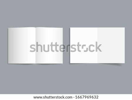 Mockup bifold brochure. White cover of flyer with shadow. Paper template booklet or leaflet for realistic magazine, pamphlet, card, flyer. Open page catalog format of a4, a3, a5. Empty blank. Vector.