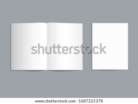 Mockup bifold brochure. White paper flyer with shadow isolated. Blank card menu. Magazine cover with mock-up bi-fold catalog. a4, a3, a5 leaflet for presentation, catalog, invitation, booklet. Vector.